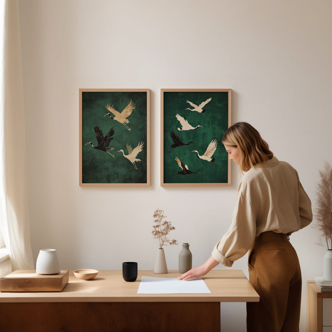 Set of 2 Flying Cranes,livingroom,timber border