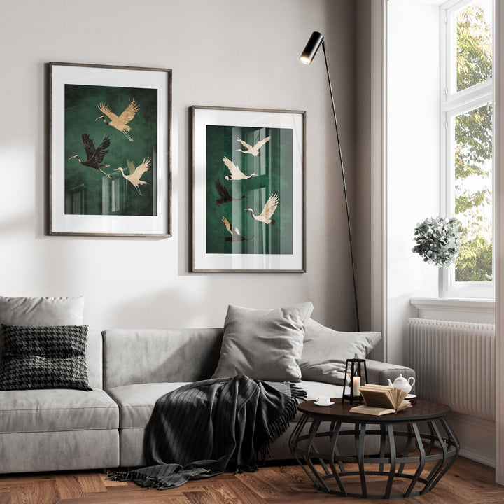 Set of 2 Flying Cranes,livingroom,timber border