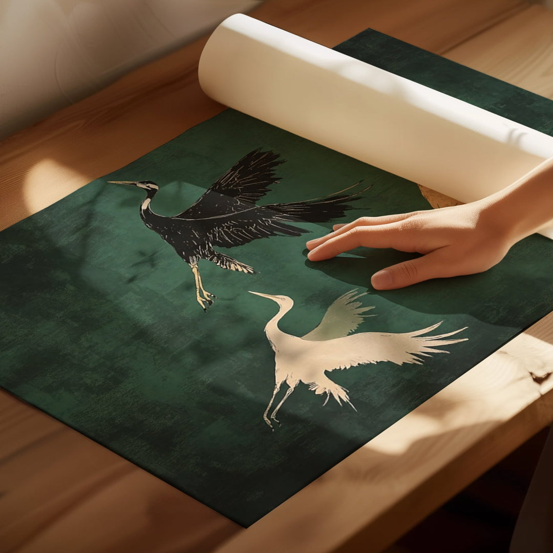 Set of 2 Flying Cranes,livingroom,timber border