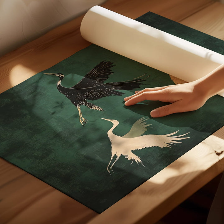 Set of 2 Flying Cranes,livingroom,timber border