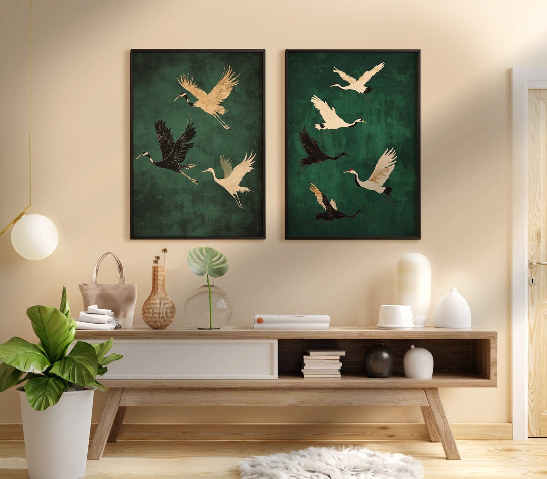 Set of 2 Flying Cranes,livingroom,timber border