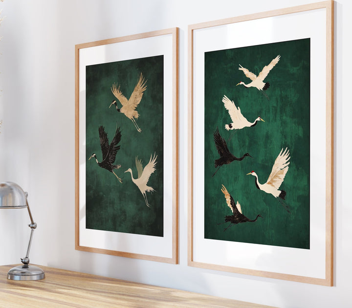 Set of 2 Flying Cranes,livingroom,timber border