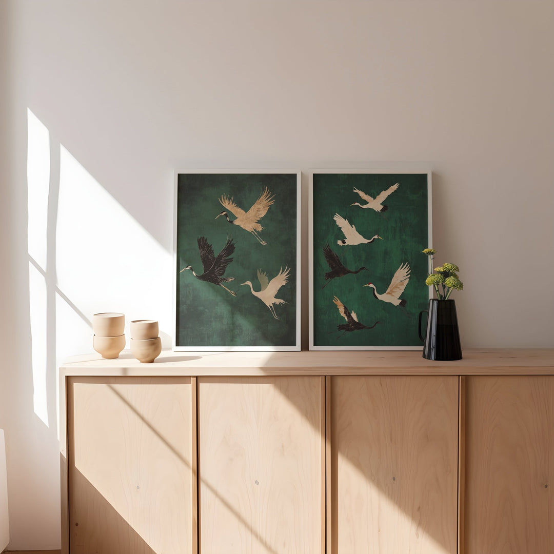 Set of 2 Flying Cranes,livingroom,timber border