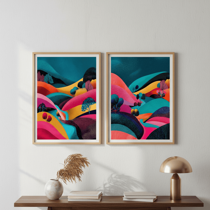 Set of 2 Japanese Evening Pop Art Hills Abstract Flow wall - art - picture - poster