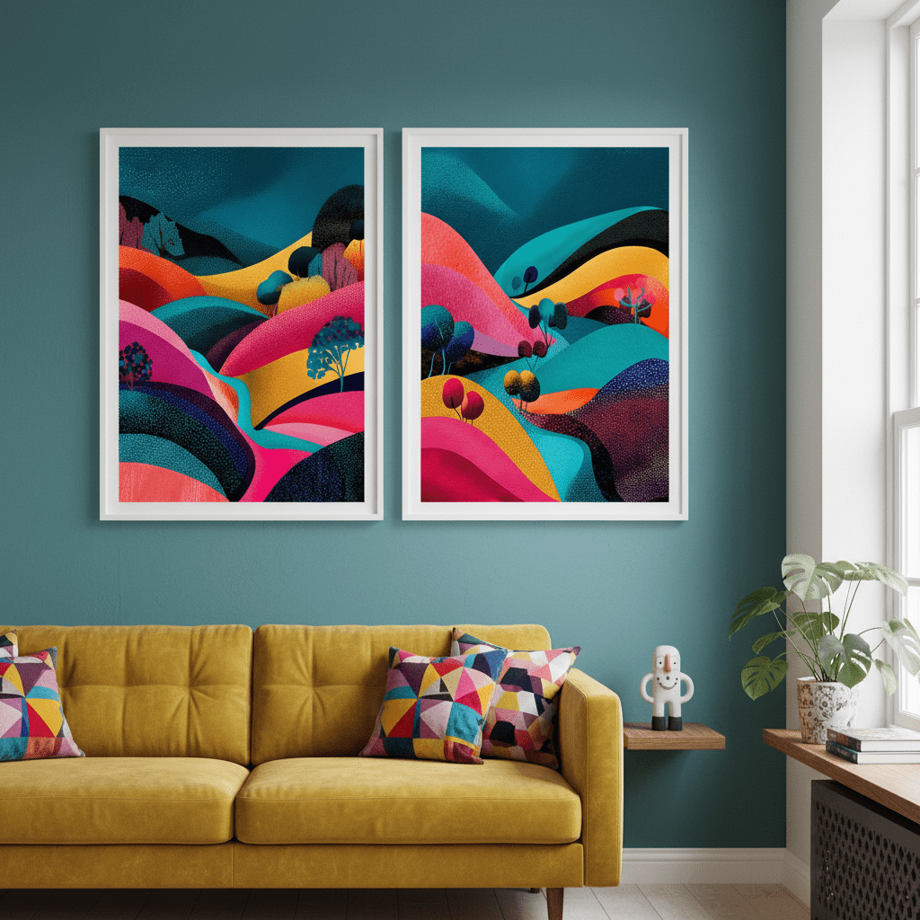 Set of 2 Japanese Evening Pop Art Hills Abstract Flow wall - art - picture - poster