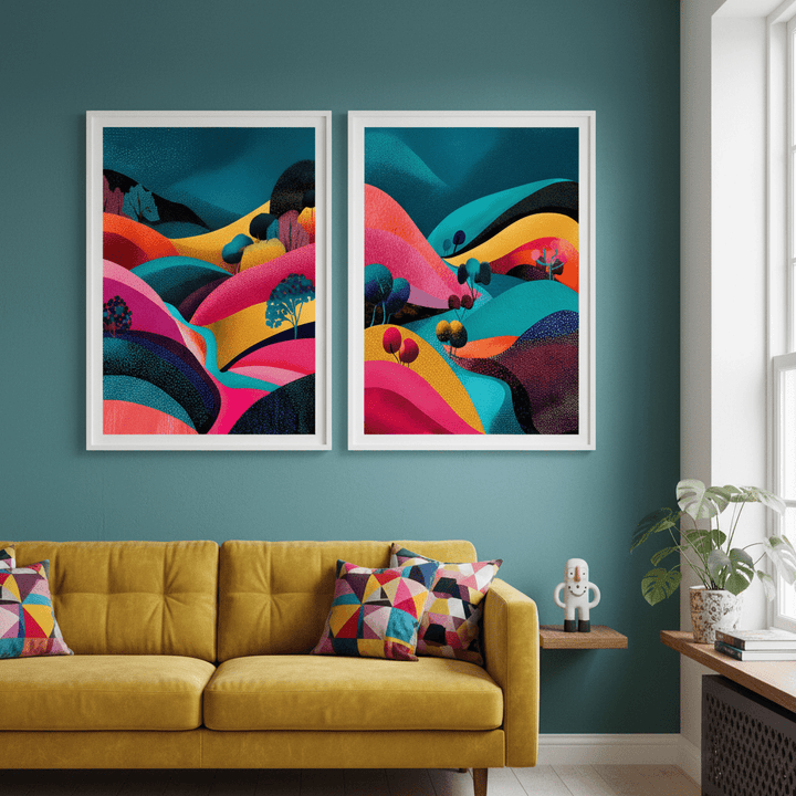 Set of 2 Japanese Evening Pop Art Hills Abstract Flow wall - art - picture - poster
