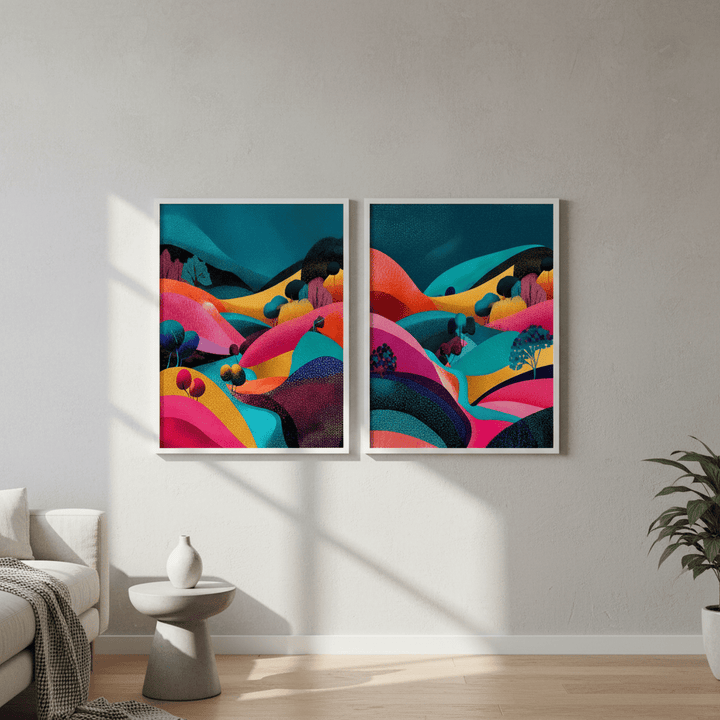 Set of 2 Japanese Evening Pop Art Hills Abstract Flow wall - art - picture - poster