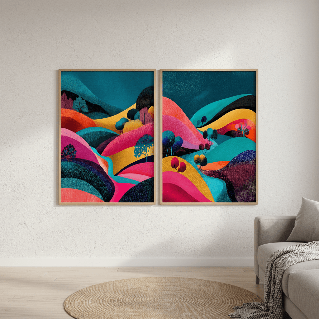 Set of 2 Japanese Evening Pop Art Hills Abstract Flow wall - art - picture - poster