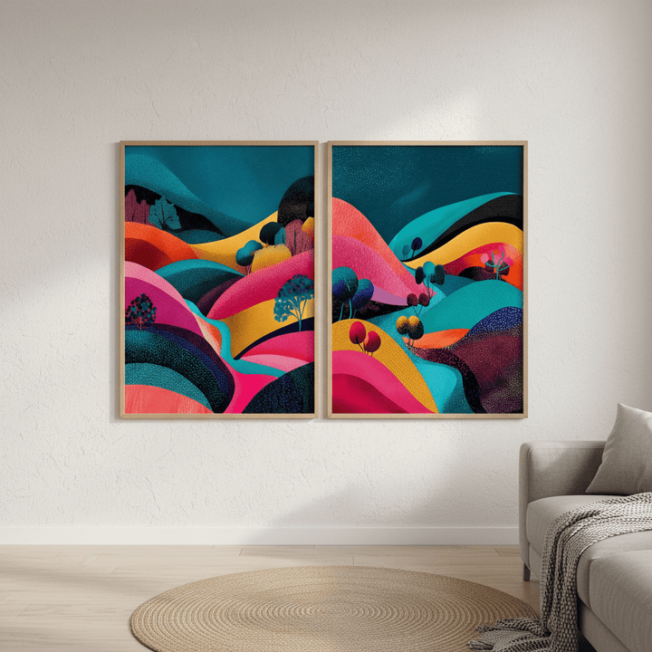 Set of 2 Japanese Evening Pop Art Hills Abstract Flow wall - art - picture - poster