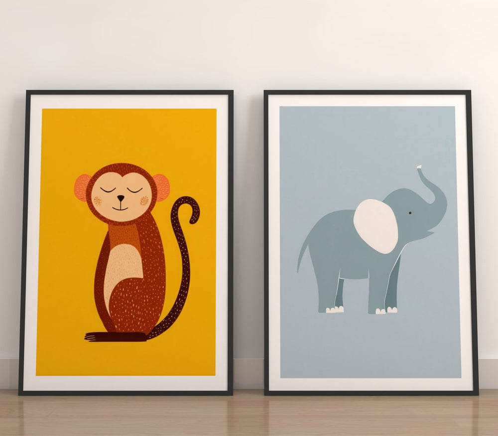 Set of 2 Monkey and Elephant Kids Prints wall - art - picture - poster
