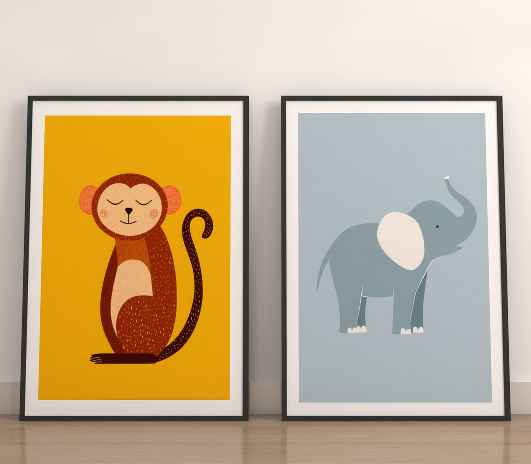 Set of 2 Monkey and Elephant Kids Prints wall - art - picture - poster