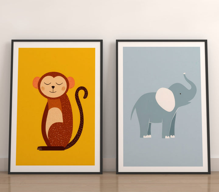 Set of 2 Monkey and Elephant Kids Prints wall - art - picture - poster