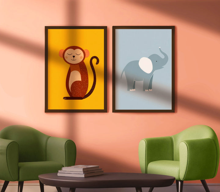 Set of 2 Monkey and Elephant Kids Prints wall - art - picture - poster