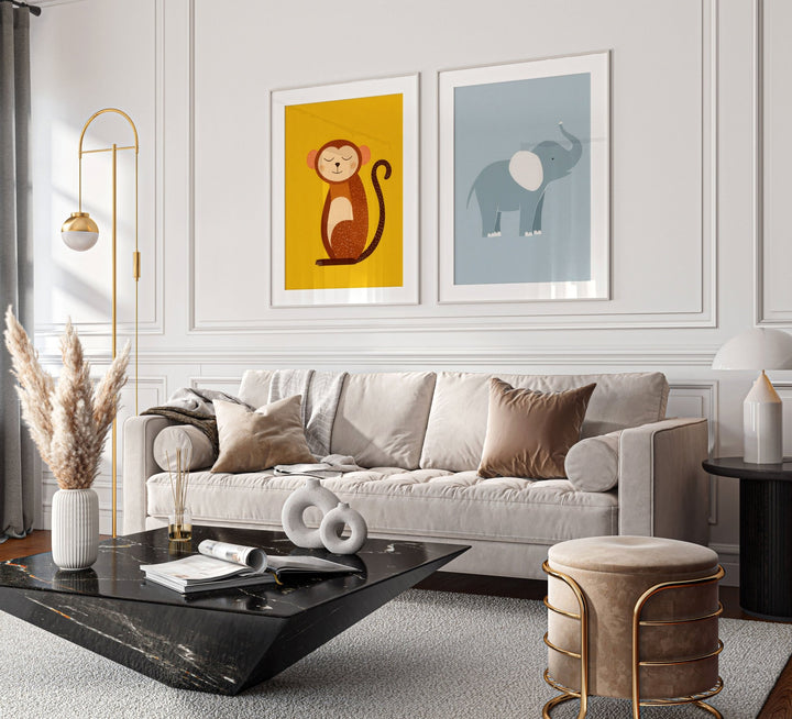 Set of 2 Monkey and Elephant Kids Prints wall - art - picture - poster