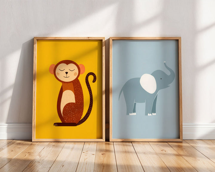Set of 2 Monkey and Elephant Kids Prints wall - art - picture - poster