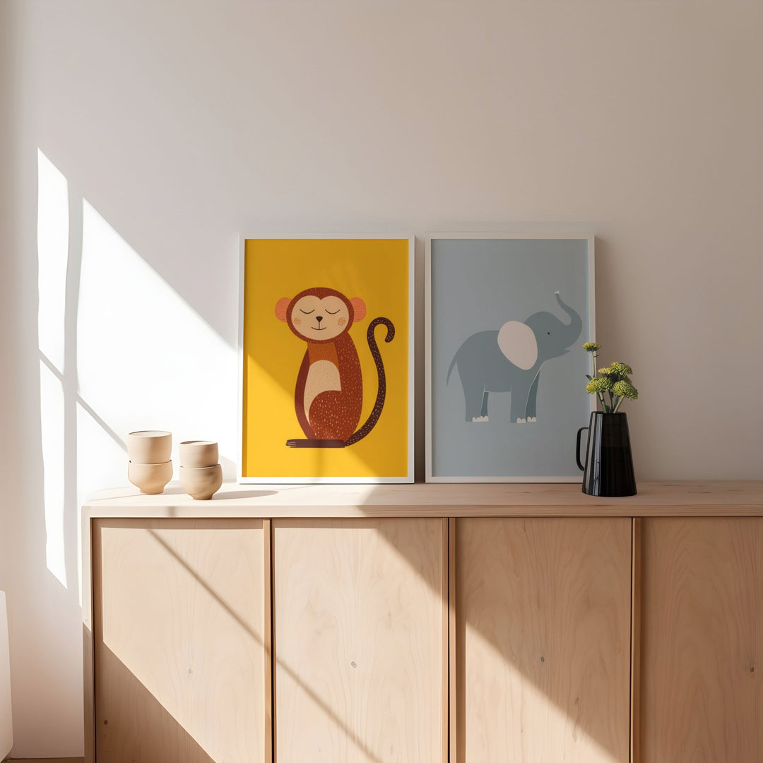 Set of 2 Monkey and Elephant Kids Prints wall - art - picture - poster
