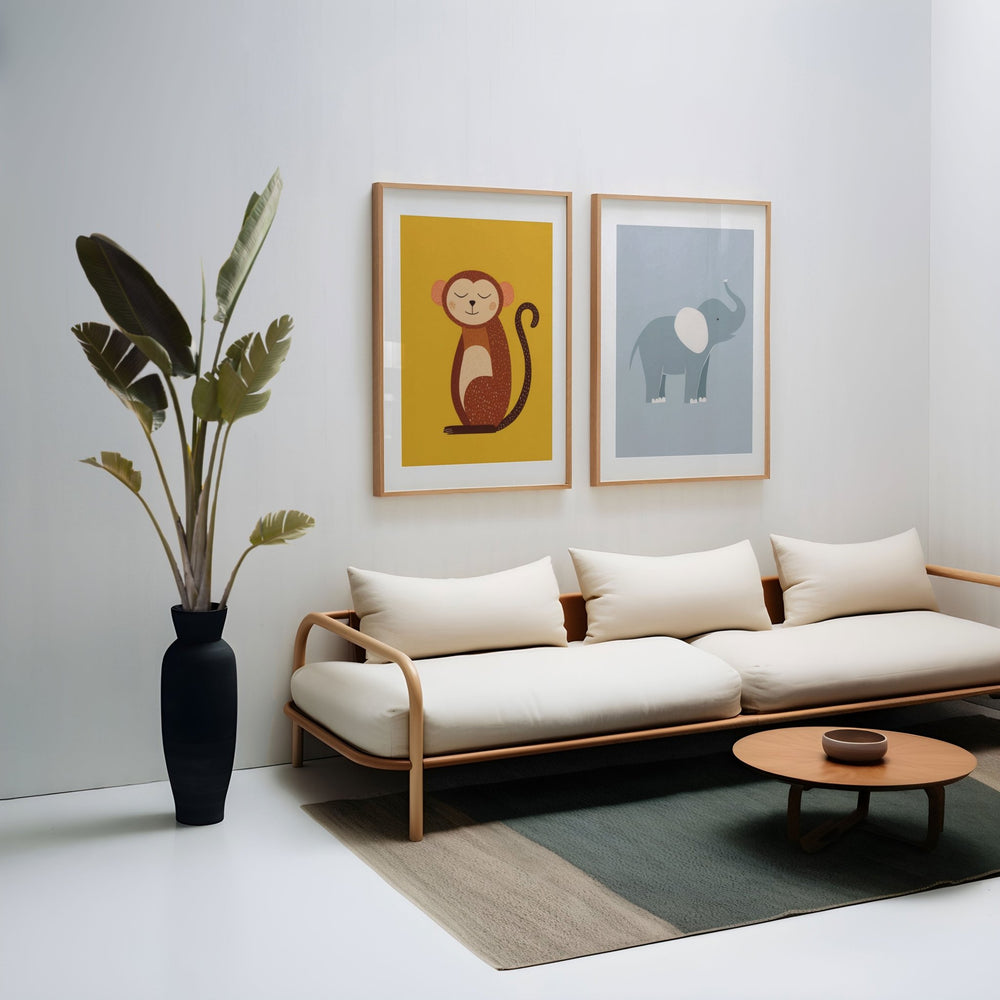 Set of 2 Monkey and Elephant Kids Prints wall - art - picture - poster