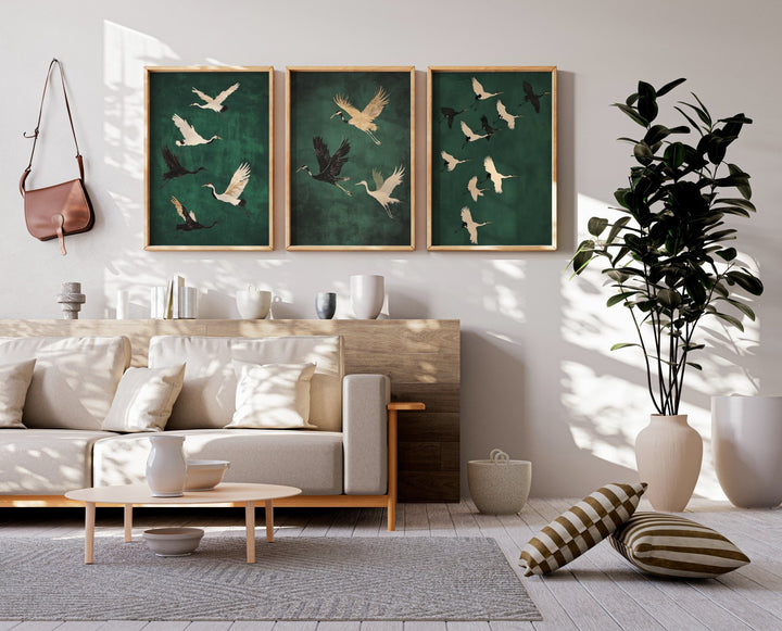 Set of 3 Flying Cranes Emerald Sky,livingroom,timber border