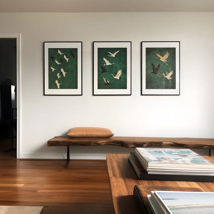 Set of 3 Flying Cranes Emerald Sky,livingroom,timber border
