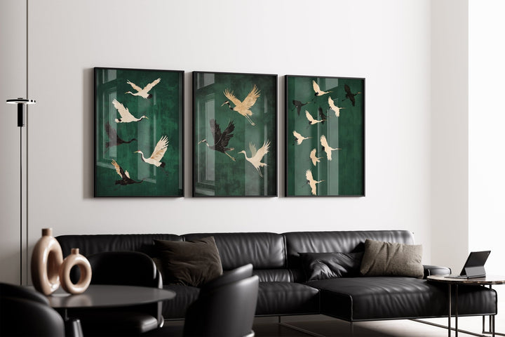 Set of 3 Flying Cranes Emerald Sky,livingroom,timber border