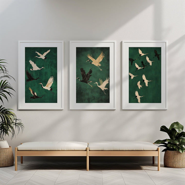 Set of 3 Flying Cranes Emerald Sky,livingroom,timber border