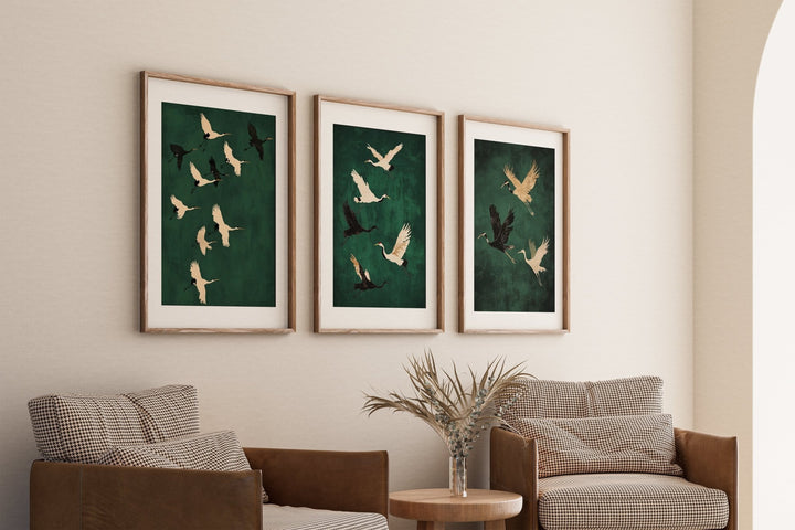 Set of 3 Flying Cranes Emerald Sky,livingroom,timber border