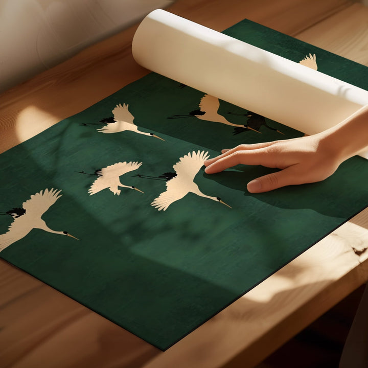 Set of 3 Flying Cranes Emerald Sky,livingroom,timber border