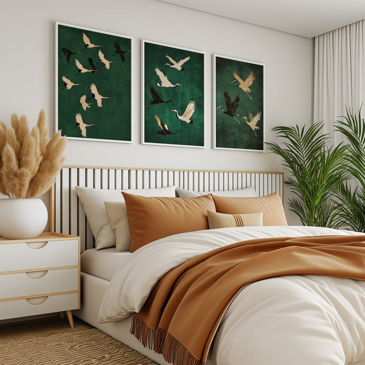 Set of 3 Flying Cranes Emerald Sky,livingroom,timber border