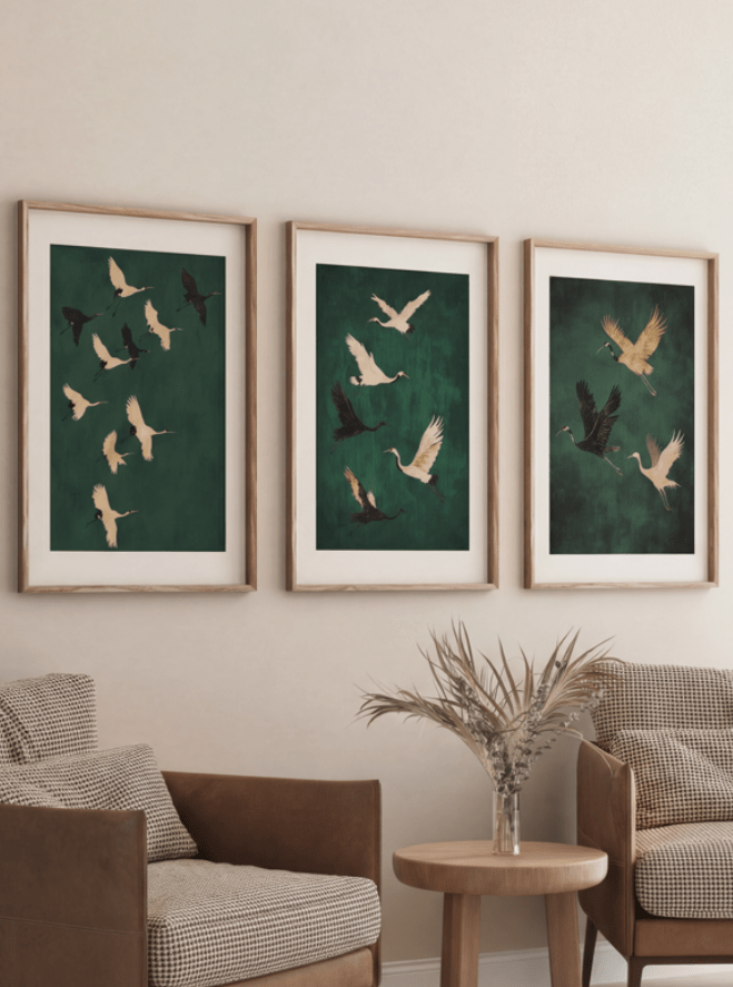 Set of 3 Flying Cranes Emerald Sky wall - art - picture - poster