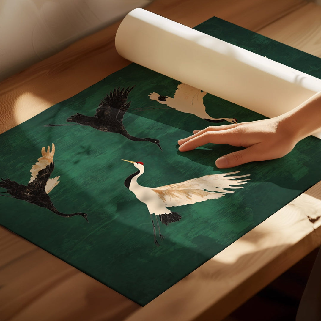 Set of 3 Flying Cranes Emerald Sky,livingroom,timber border