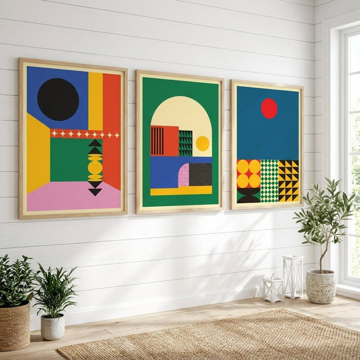 Set of 3 Geometric Abstract Modern Sunrise Prints wall - art - picture - poster