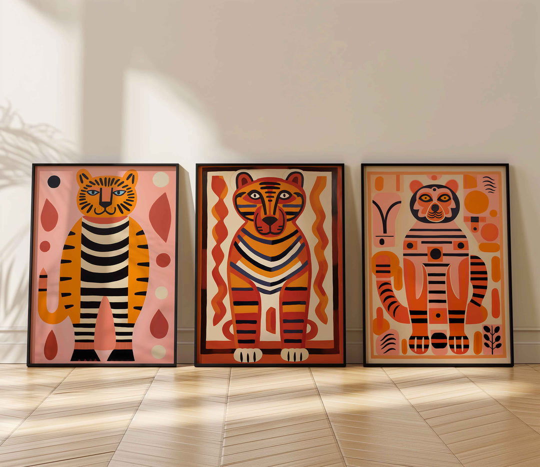 Vibrant Colourful Tiger Wall Art Trio Set