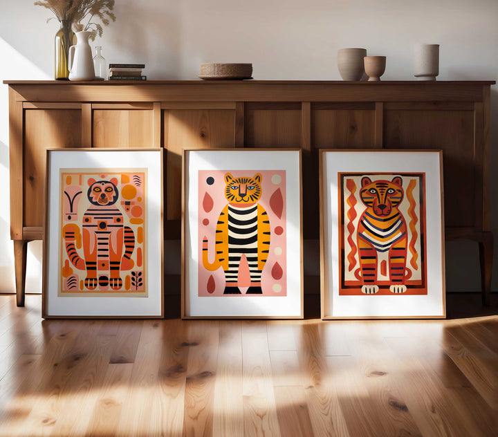 Vibrant Colourful Tiger Wall Art Trio Set