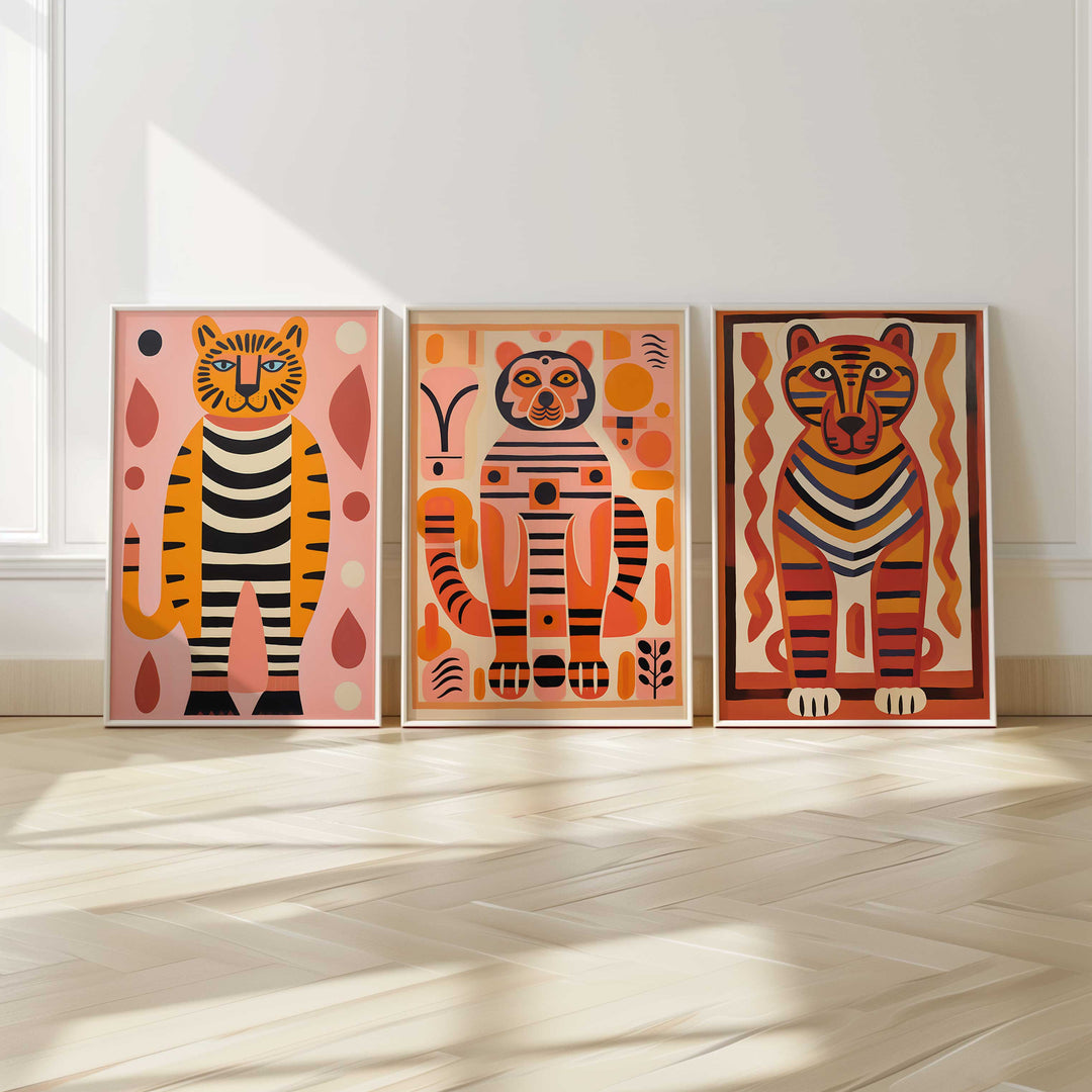 Vibrant Colourful Tiger Wall Art Trio Set