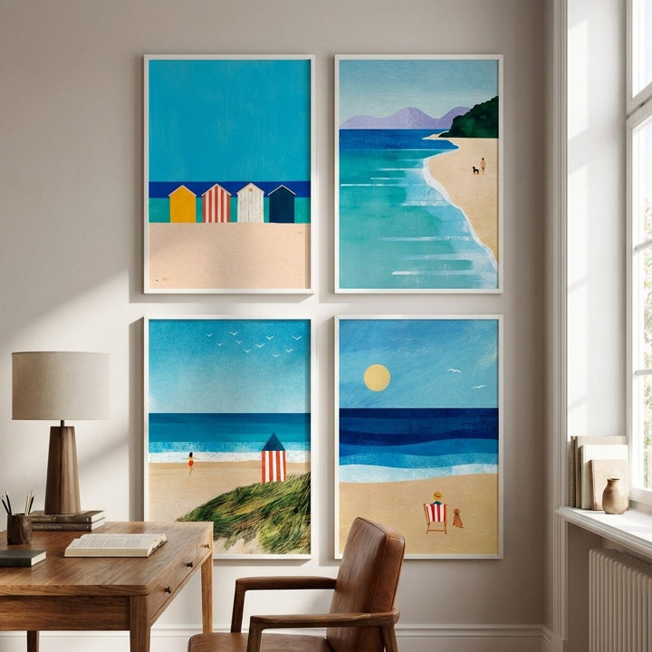 Set of 4 Coastal Beach Painting Prints by Henry Rivers wall - art - picture - poster