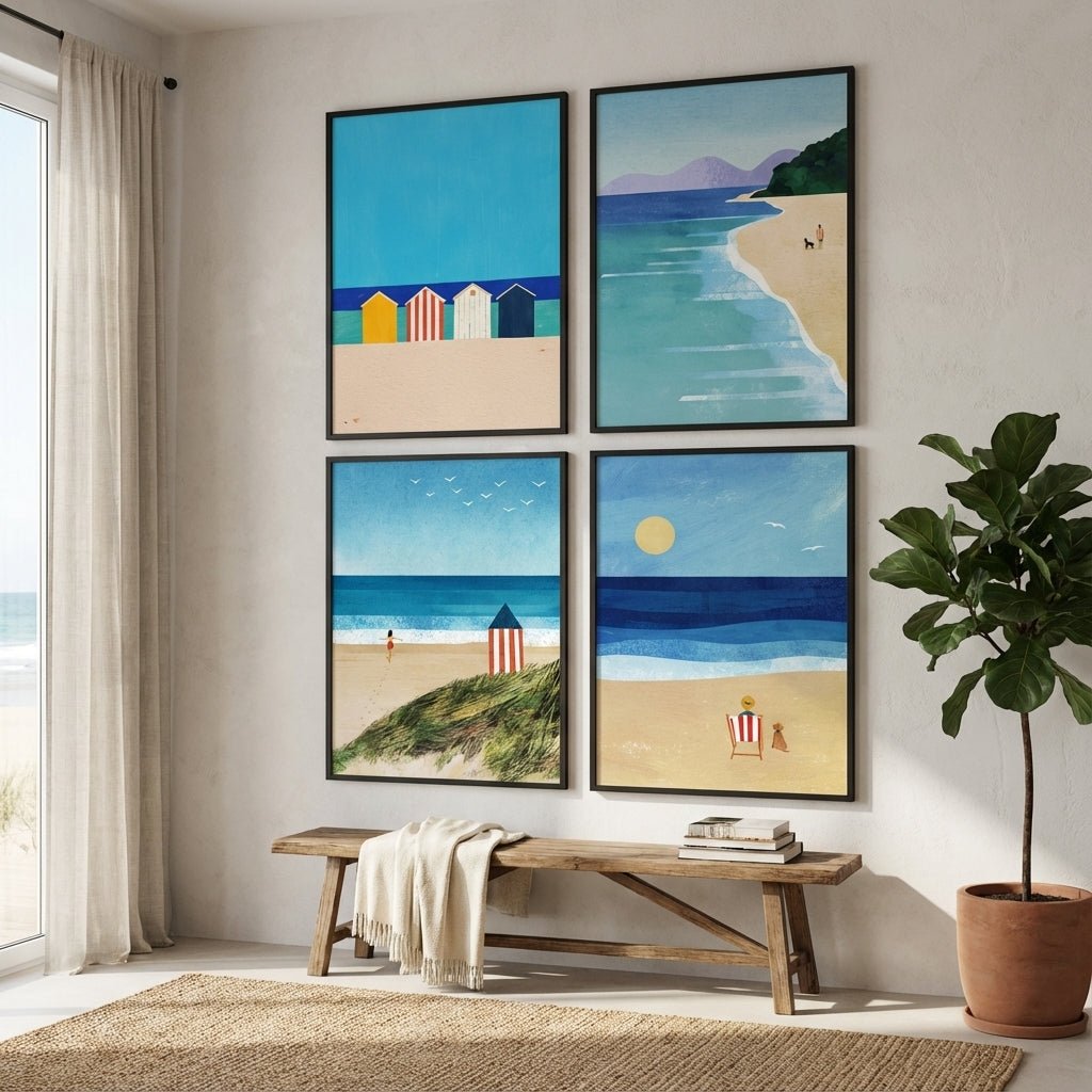 Set of 4 Coastal Beach Painting Prints by Henry Rivers wall - art - picture - poster