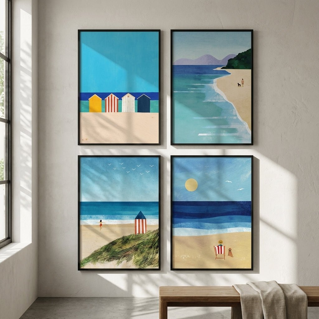Set of 4 Coastal Beach Painting Prints by Henry Rivers wall - art - picture - poster