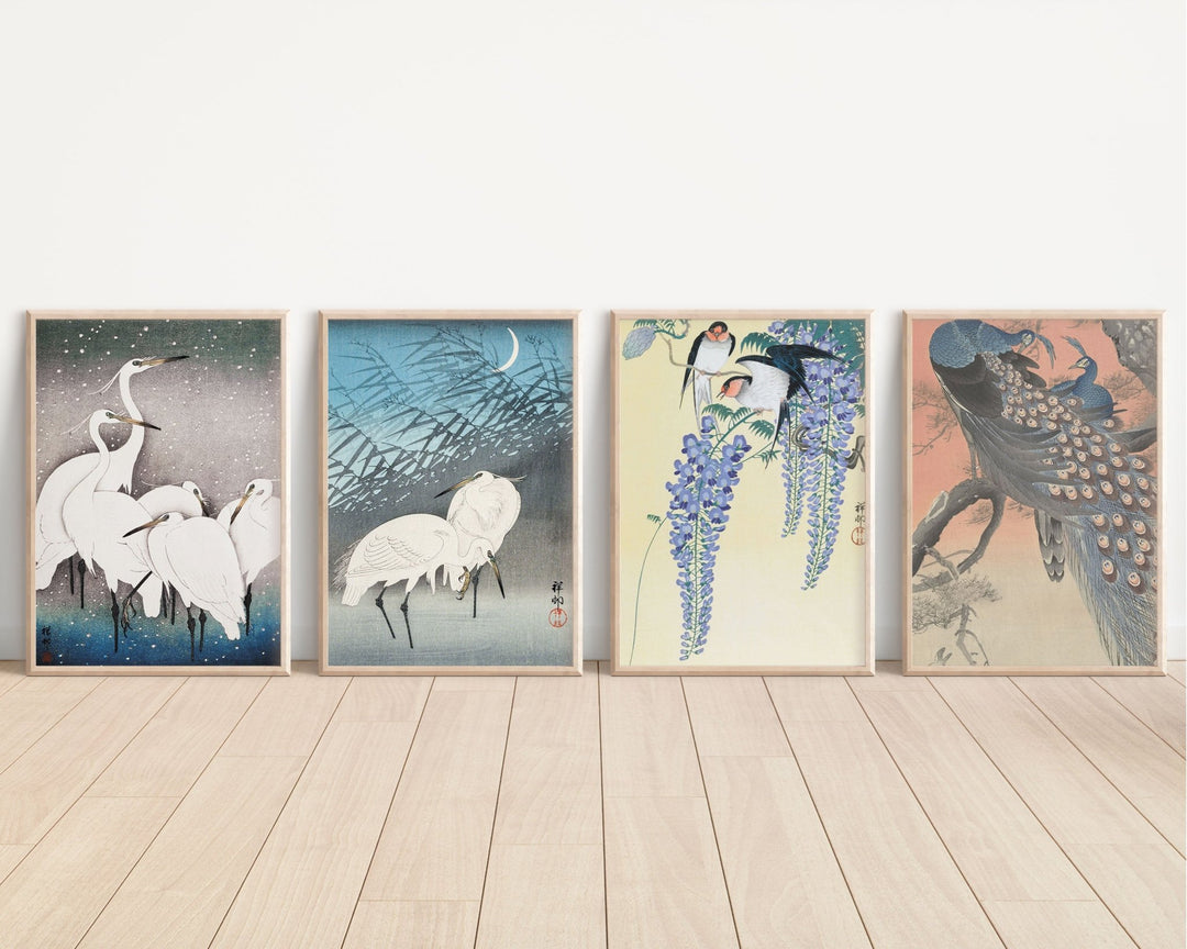 Set of 4 Woodblock Japanese Prints by Ohara Koson wall - art - picture - poster