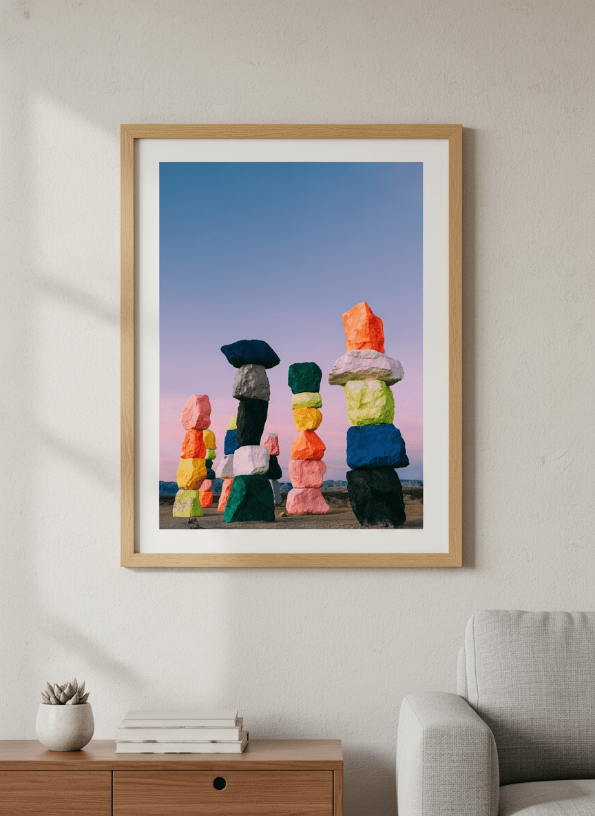 Modern wall art styled above a sofa in a neutral living room