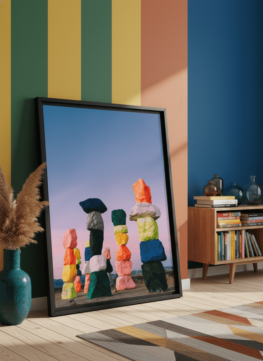Bold wall art styled in a colourful, eclectic modern home