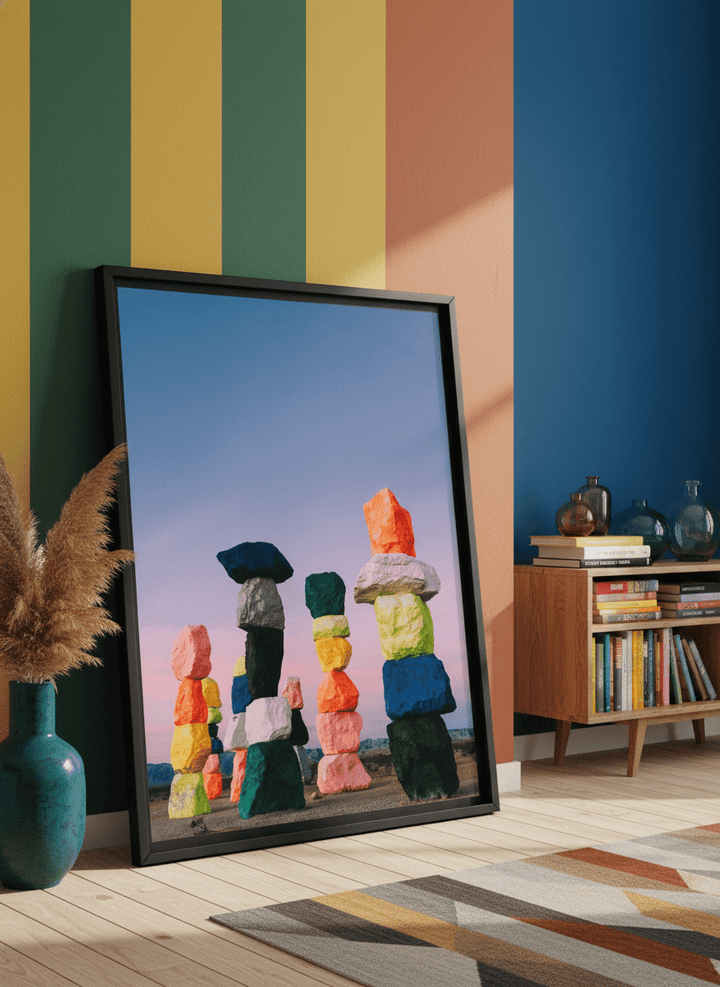 Bold wall art styled in a colourful, eclectic modern home