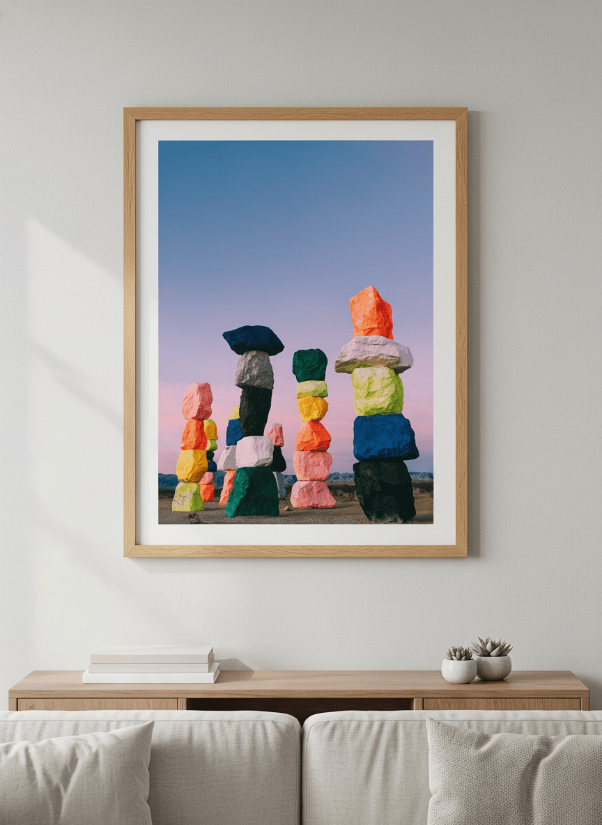 Modern wall art styled above a sofa in a neutral living room