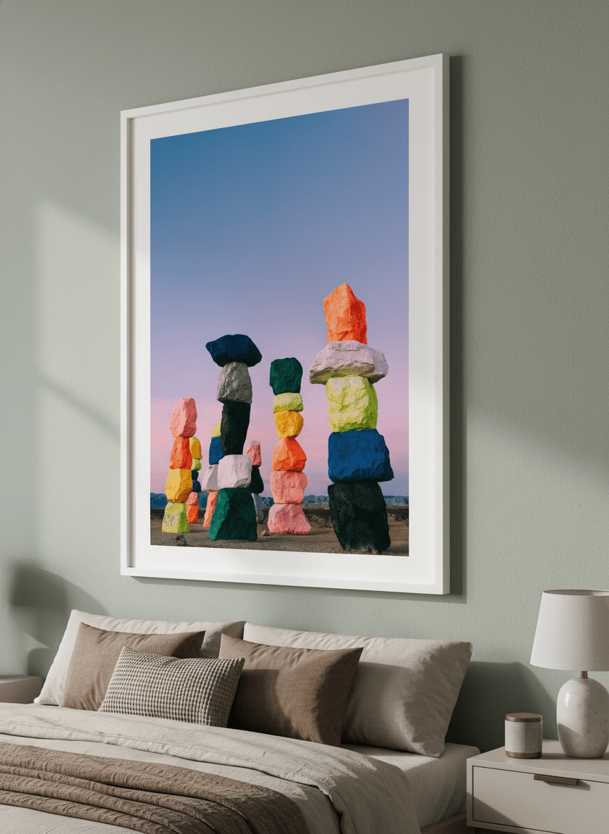 Minimalist artwork displayed in a calm, light-filled bedroom interior