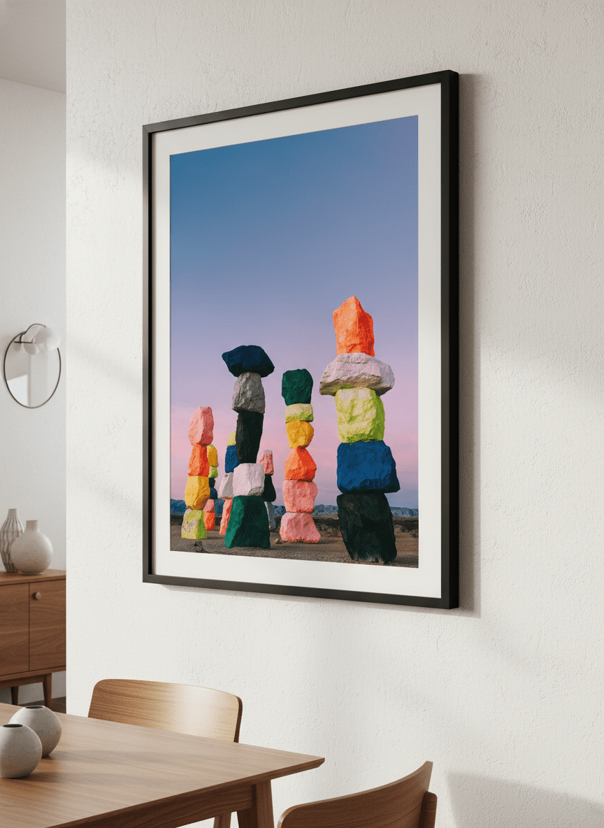 Wall art styled above a dining table in a contemporary home