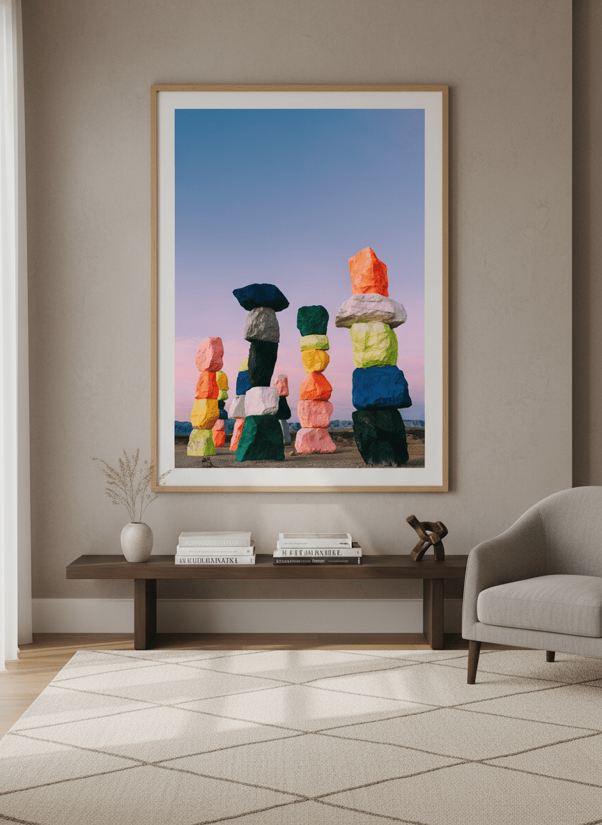 Monumental artwork centred on a feature wall in a luxe interior