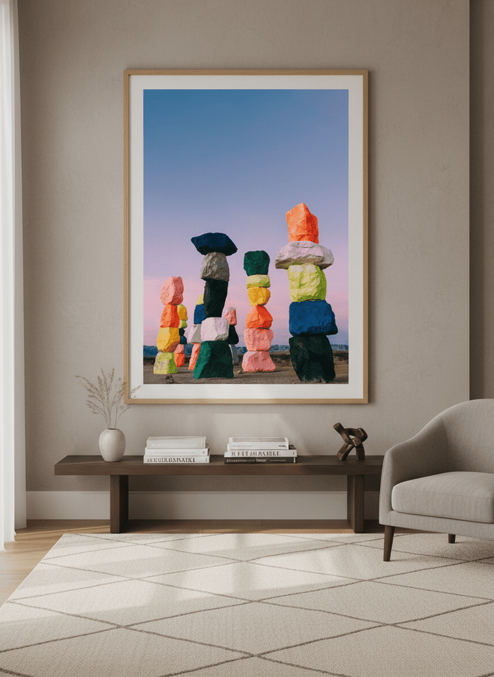 Monumental artwork centred on a feature wall in a luxe interior