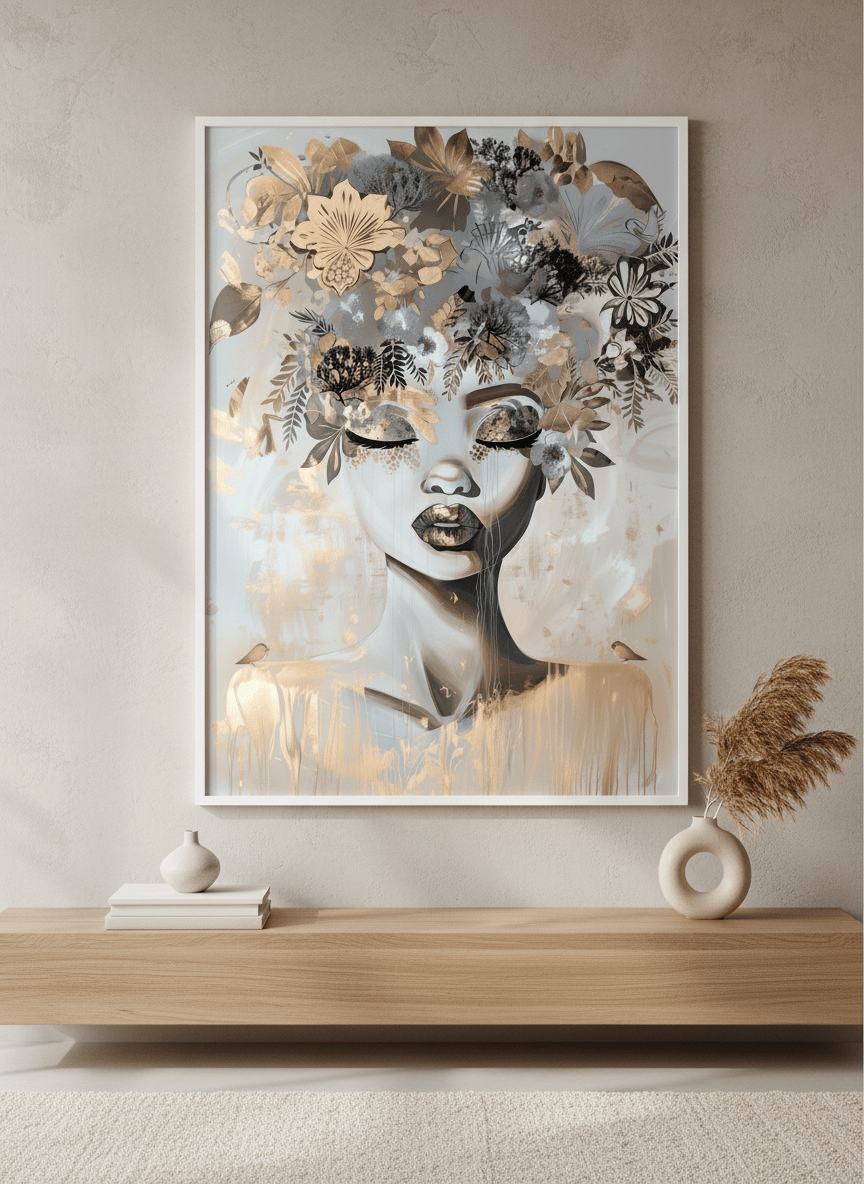 Monumental artwork centred on a feature wall in a luxe interior