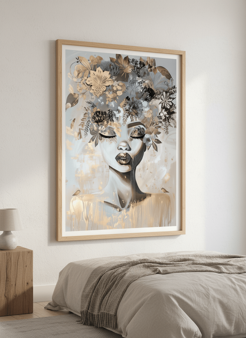 Minimalist artwork displayed in a calm, light-filled bedroom interior