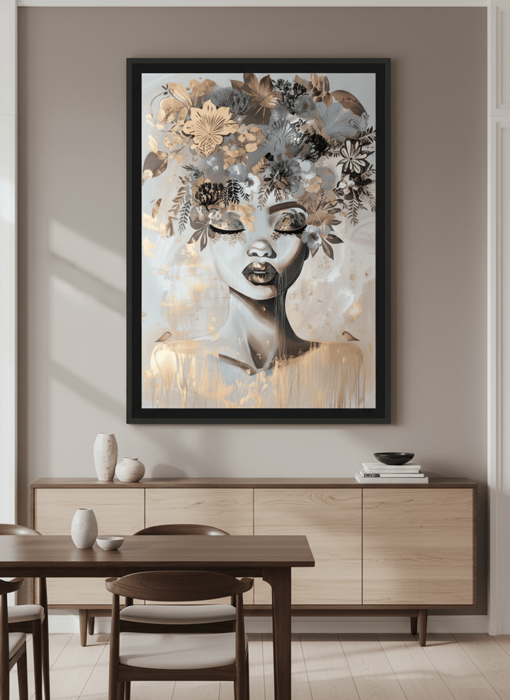 Wall art styled above a dining table in a contemporary home