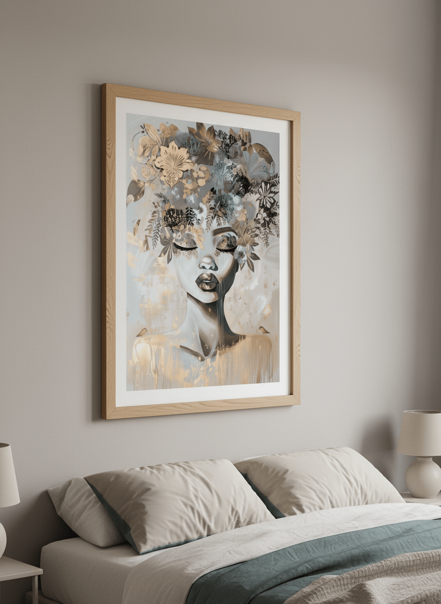 Minimalist artwork displayed in a calm, light-filled bedroom interior